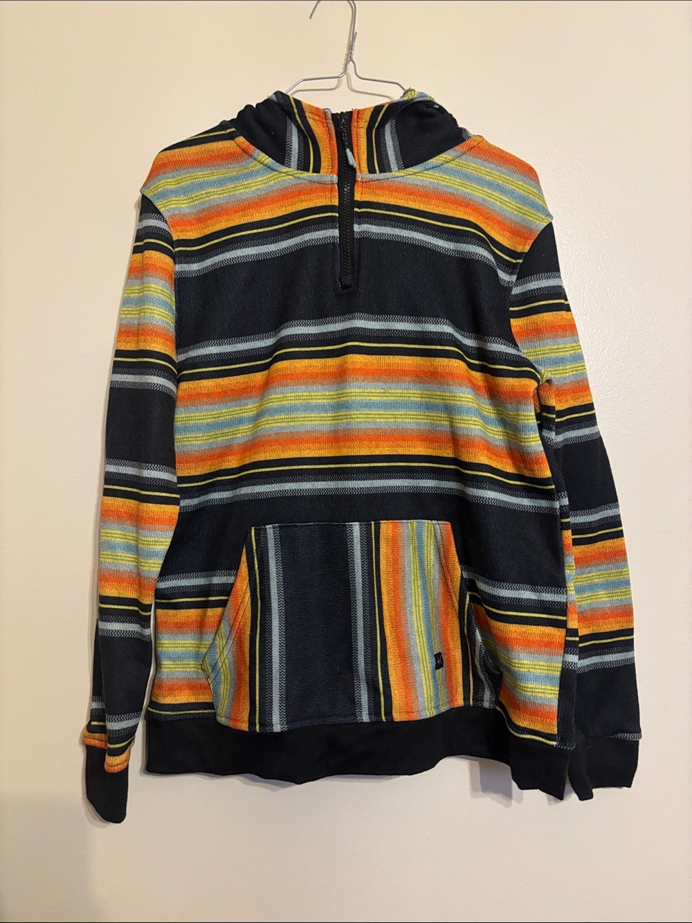 Men's Striped Half-Zip Hoodie Sweater in Black and Orange